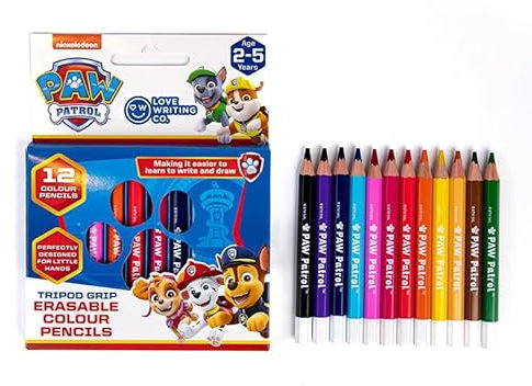 Love Writing Co. The PAW Patrol Tripod Grip Erasable Color Pencils for Children | Age 2, 3, 4, 5 | Ergonomic Design for Improved Writing Ability, Pencil Control, & Fine Motor Skills | Pack of 12