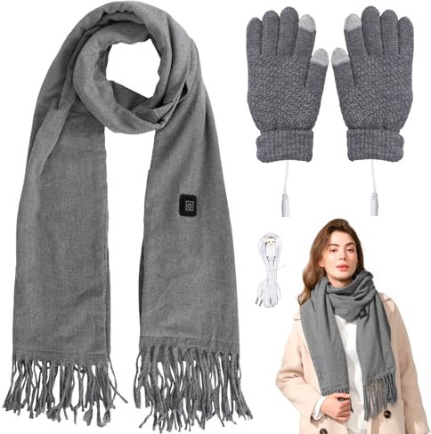 Okabay Heated Scarf, Adjustable Heating Wrap, Long Style Soft Heating Scarfs, Winter Warm Scarf for Neck Pain Relief Indoor Outdoor Use (Gray)