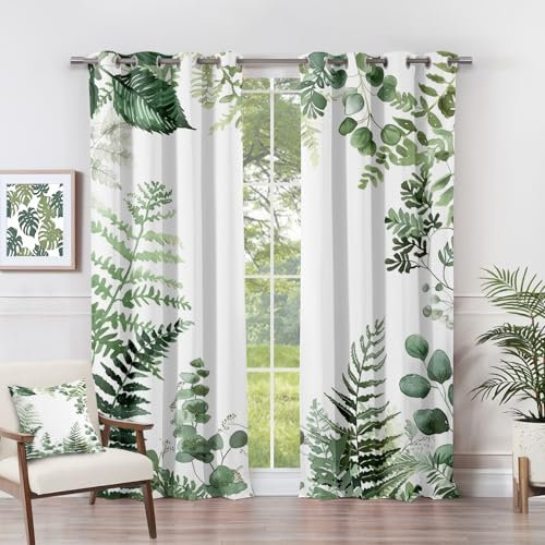Leaf Curtains 90 Drop - Leaf Curtains - Green Fern Leaves Botanical Blackout Curtains 46 x 54 Inch (Width x Drop) 2 Panels, Nature Watercolour Eyelet Curtains & Drapes