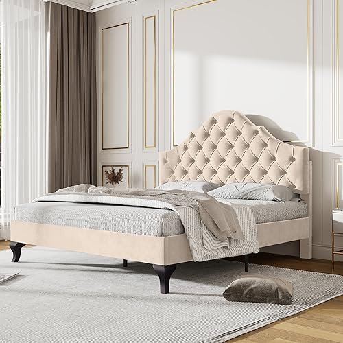 Merax Double bed frame, 4ft6 Double Upholstered Bed, Adjustable Chic Headboard, Sturdy Wooden Slat Support, Velvet Fabric (No Mattress), Beige+Velvet/135CM*190CM