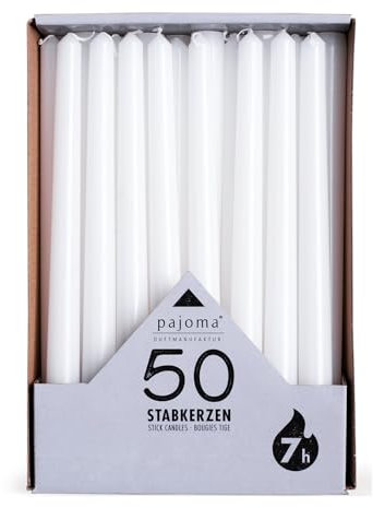 pajoma® Stabkerzen in Weiß 50 Stück | Höhe: 25 cm, Brenndauer ca. 7 Stunden | Duftfrei und vielseitig verwendbar für Kerzenhalter, Dekorationen und festliche Gelegenheiten.