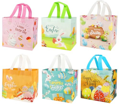 6 Stück Geschenktüten Ostern, Ostertüten zum Befüllen mit Griffen, 21×20×15cm, Wiederverwendbare Non-Woven Ostertaschen für Ostereiersuche Geschenken und Partyzubehör
