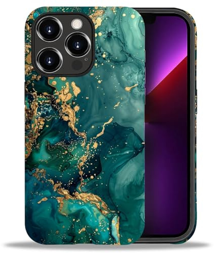 WANKBLC Compatible with iPhone 13 Pro Max Matte Case, Teal and Gold Marble Pattern for Girl Full Body Design Soft Silicone Drop Shock Scratch Protection