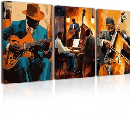 LZIMU Jazz Bild abstraktes schwarzes Musik Wandbild afroamerikanische Musik Leinwand Kunstdrucke für die Dekoration von Musikclubs und Klassenzimmern (Orange, 30x40cmx3 Teilig)
