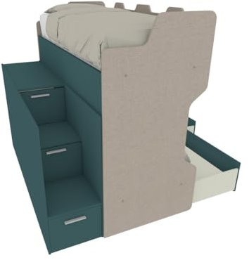MOBILFINO CAMERETTE Letto a Castello con Scala Contenitore e Terzo Letto Estraibile - Cameretta salvaspazio - Effetto Tessuto e Verde Petrolio, con cassettoni Estraibili