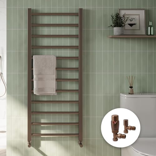 Brushed Bronze Bathroom Straight Heated Towel Rail Radiator 500 x 1200 & Angled Thermostatic Valves