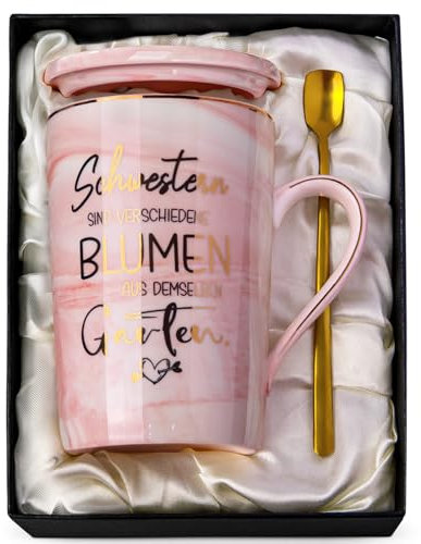 Schwester Geschenk Geburtstag, Geschenke für Schwester Geburtstagsgeschenk, Schwesterherz Tasse mit Goldmuster - 14oz Rosa Marmor Kaffeebecher mit Deckel, Löffel, Grußkarten, Exquisite Geschenkbox