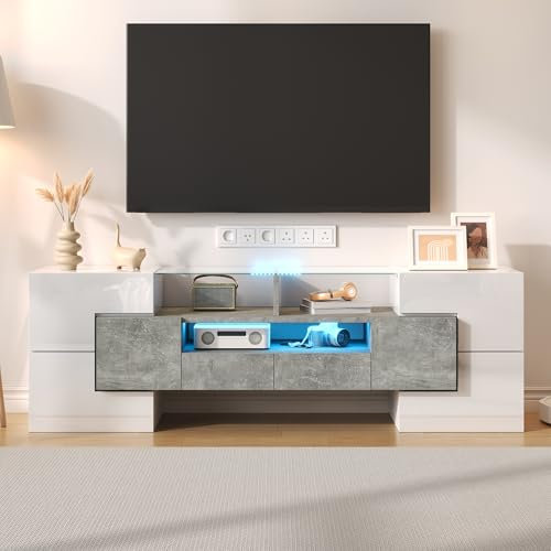 BTM Meuble TV Salon LED, Meuble TV Moderne avec Rangement, Meuble Télé Haut en Verre, Banc TV Table Longueur, Charge 60kg, 150 x30x51cm, Blanc et Gris