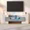 BTM Meuble TV Salon avec Eclairage LED, Meuble TV Moderne avec Rangement, Meuble Télé en Verre, Banc TV 145cm de Longueur, Charge de 60kg, 145x30x51cm, Blanc et Gris