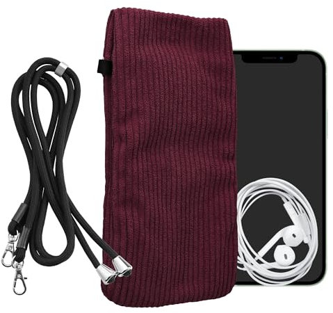 kwmobile Handytasche für Smartphones XXL - 7 Handy Tasche - Cord Handy Hülle Bordeaux Violett mit Kordel - Tasche mit Handykette 17,7 x 9 cm Innenmaße