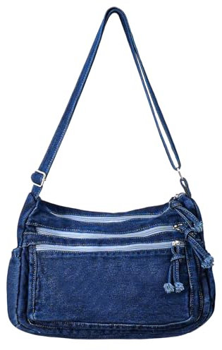 Ausing Crossbody Bag Damen Groß Canvas Tasche Damen mit Reißverschluss Jeanstasche Damen Crossbody Tasche Damen Dunkelblau