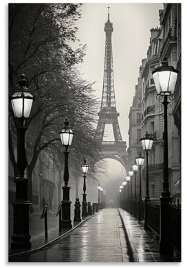 Poster de paysage noir et blanc de la Tour Eiffel - Décoration murale moderne à suspendre - 20 x 30 cm