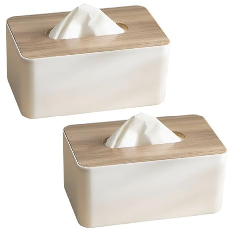Qixuer Taschentuchbox, 2er-Set Tücherbox aus Holz und Kunststoff, Kosmetiktücher Box für Feuchtes Toilettenpapier und Taschentücher 21×13×9 cm(Weiß)