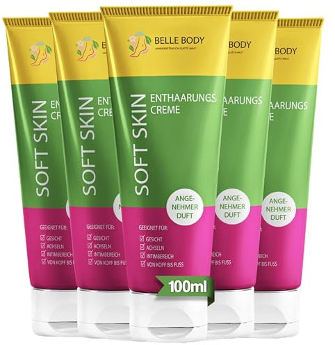 Belle Body Enthaarungscreme für Gesicht, Achseln & Intimbereich 5x100ml – Schnell, Schmerzfrei & Langanhaltend – Für Alle Hauttypen – Vegan & Tierversuchsfrei