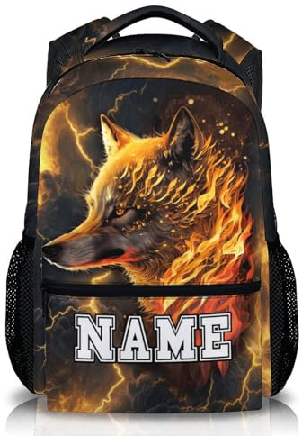 GiftRomance Kinderrucksack Junge mit Namen – Personalisiert mit Wolf-Motiv – 17 Zoll Schulrucksack mit Blitz-Hintergrund – Leichter Rucksack für Schule, Kindergarten & Ausflüge