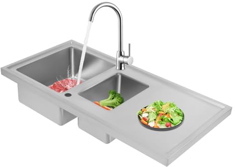 Fregadero de acero inoxidable, empotrable, 100 x 50 cm, fregadero de cocina doble, 1 plato, fregadero de cocina con tubos de drenaje y cestas colador, color plateado, rectangular