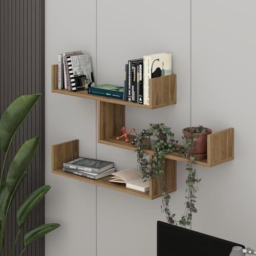 HOCUS PICUS 3 Tier Wall Shelf, Modern Design, 119x66.5x22cm, Whiskey Oak | Easy to Assemble, 3 Piece Floating Shelf, Many Colour Options, Living Room Office Storage