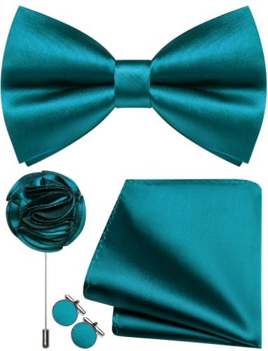 Ailisus Herren-Fliege und Einstecktuch, Manschettenknöpfe, Anstecknadel-Set, Seide, vorgebundene Fliege, verstellbar, Hochzeit, Party, Business