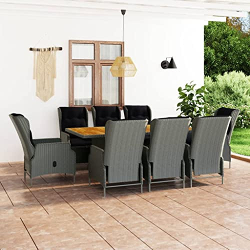 Teenpull 9-TLG. Garten-Essgruppe, Poly Rattan Hellgrau, Outdoor-Set mit 8 verstellbaren Stühlen, großem Esstisch aus Akazienholz, bequemen schwarzen Auflagen, für Terrasse, Balkon