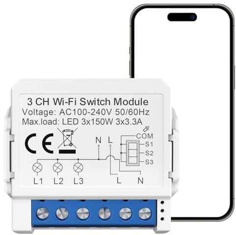 Acmerota - Interruptor inteligente Wi-Fi Mini interruptores inteligentes (3 vías, 3 x 3,3 A, Neutral, para Domótica, compatible con Alexa/Google Home Assistant,