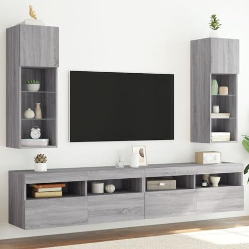 Bucmath TV Cabinets with LED Lights, Set of 2 Sonoma Grey, 30.5 x 30 x 90 cm, Wall Mounted, Robust Wood Material Design, Modern Entertainment Centre