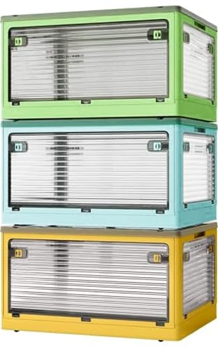Roqao 3 Pack Aufbewahrungsboxen mit Deckel 84L Kunststoffboxen mit Rollen | Zusammenklappbare Kisten Aufbewahrung Transparent Storage Boxes mit Fünf Türen Stapelkisten Mischfarbe Farbig (60×42×100cm)