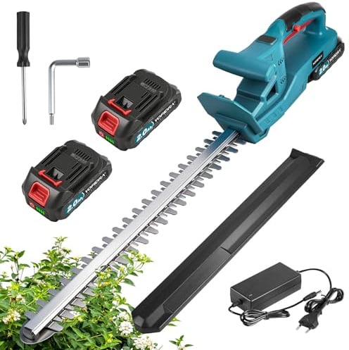 Yofidra Heckenschere Akku, 50cm Dual Schnittklingen Schnittlänge | Elektrische Heckenschere mit 2 x 2000mAh Akku & Ladegerät, 15mm Zahnabstand, Leichte Elektro-Heckenschere mit Schutzhülle