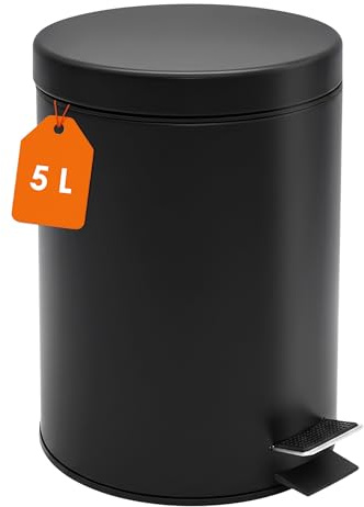 Spetebo Edelstahl Tretmülleimer rund schwarz matt 27 x 20 cm - 5 L | Mit Deckel, Metall mit Fußpedal, Entnehmbarer Inneneimer, Für Bad Küche Büro