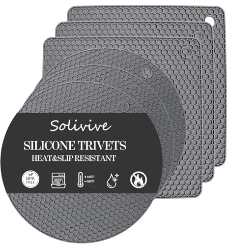 Solivive 6 Pack Silicone Trivet for Kitchen Worktops, Heat Resistant Non Slip Mats, 3 Square 3 Round Kitchen Table Worktop Protector for Hot Pans, Pots, Dishes & Dining, Grey