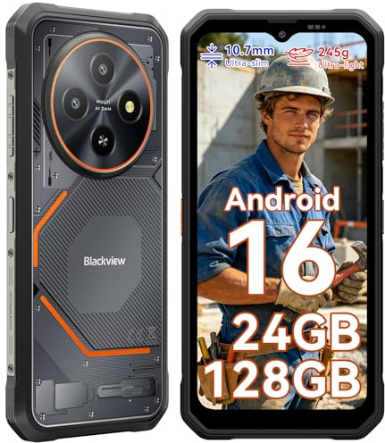 Blackview Outdoor Handy Ohne Vertrag Android 16, 24GB+128GB/2TB TF Baustellenhandy, 245g/10.7mm Ultra-Thin Outdoor Smartphone, 6.56 90Hz, 16MP AI Camera, IP69K/OTG/NFC/Gemini AI/3 Jahre Garantie