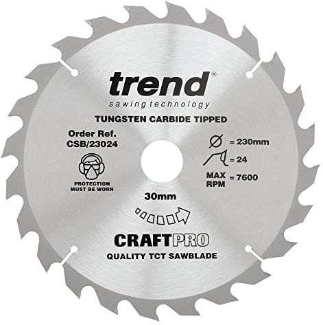 Trend Wood Circular Saw Blade, 230mm Diameter, 30mm Bore, 24 Teeth, 2.5mm Kerf, +15° Hook, TCT, Coarse Finish, CSB/23024