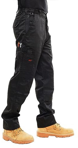 BKS Mens Combat Cargo Work Trousers Size 30 to 52 with Knee PAD Pockets (32 REG, Black)
