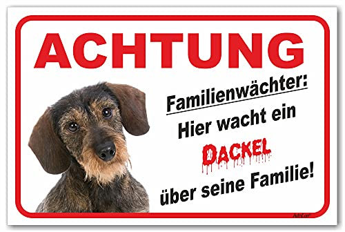 AdriLeo Schild - Vorsicht Rauhaardackel - Familienwächter - (15x20cm) / Achtung Hund Wachhund Dackel Teckel Dachshund robust langlebig UV-beständig wetterfestes Warnschild
