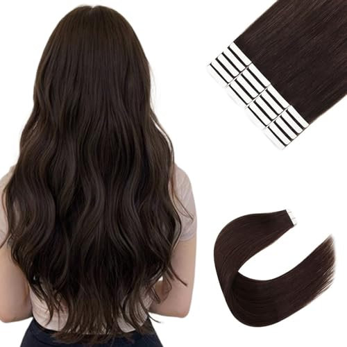 Sixstarhair Tape Extensions Echthaar 20pcs 50g 45cm Invisible Tape In Haarverlangerung Echthaar Dunkelbraun #2 Dicke Remy Haar Extensions