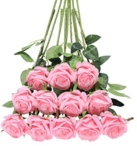 Tifuly 12 pezzi rose artificiali, realistica singola a gambo lungo rosa finta, bouquet da sposa da sposa in seta per decorazioni da ufficio in casa per feste in giardino (Rosa Chiaro)