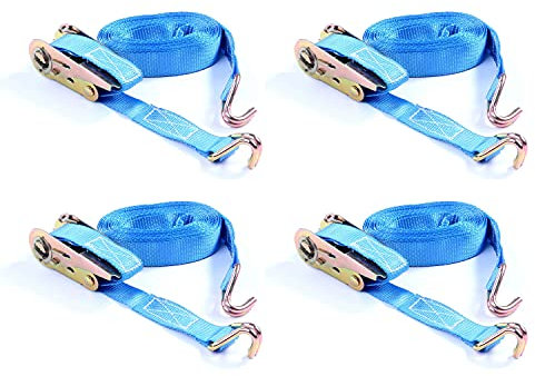 4x Spanngurt Zurrgurt mit Haken 6 m bis 500 kg / 500 daN, zweiteilig 2-tlg Ratschengurt blau, 25 mm Gurtbreite