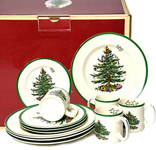 JFF 12-Teilige Weihnachts-Serie Geschirr Grüner Weihnachtsbaum-Set, Service Für 4 Personen, Geschirrgeschirr-Set Für Den Täglichen Gebrauch Geschenkbox
