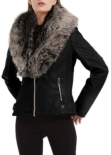 Giolshon Femmes Faux Cuir Veste Hiver Vêtements À La Mode Court Moto Biker Manteau avec Col De Fourrure Amovible 9201 Noirgris XL