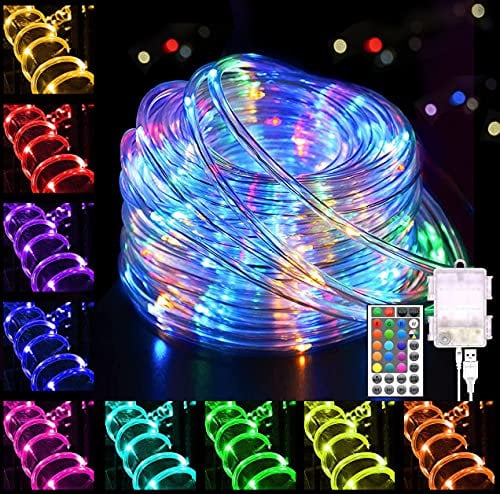 Tacobey LED Rope Lights, 33Ft 100LED RGBW String Lights Outdoor Tube Lights Waterproof with Remote, 16 Colors Decorative Lights for Party Wedding Garden Decorations - Battery Powered&USB