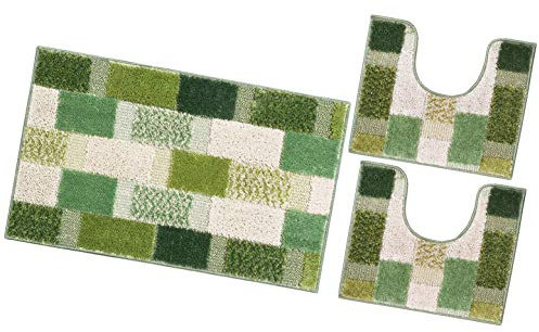 emmevi Tappeto Bagno Parure Morbido Girowater Antiscivolo Assorbente Lavabile MOD.Lilla Set 3 Pezzi Verde
