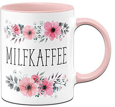 Tassenbrennerei Tasse mit Spruch Milfkaffee - Blümchen Kaffeetasse lusitg (Rosa)
