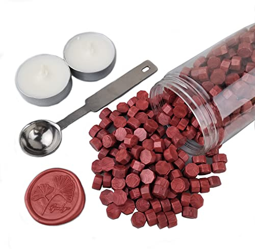 AMTOL 300 unidades de granos de cera con 2 velas blancas y 1 cuchara para derretir cera, ideal para invitaciones de boda, sobres de tarjetas, envoltura de regalos (Rojo vino)