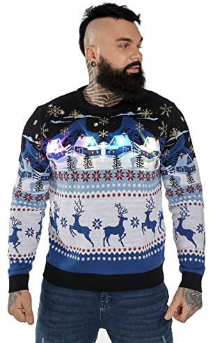 U LOOK UGLY TODAY Pull de Noël Unisexe à LED Avec Motif Rudolph Père Noël Renne Sapin, Oh Holy Night, L