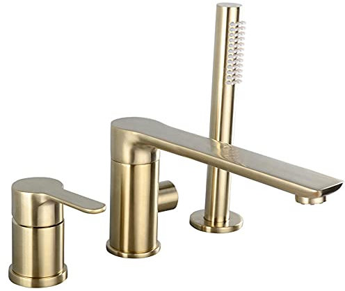 3 Loch Wannenrandarmatur mit Ausziehbarem Handbrause Gebürstet Gold Einhandmischer Badewannenarmatur mit Handbrause Wasserhahn Badewanne Armatur 180 Dreh Kalt und Kalt