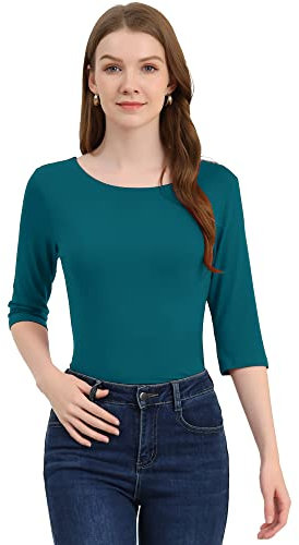 Allegra K Women Elbow Sleeves Solid Round Neck Slim Fit Tee Peacock Blue S-8