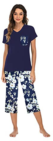 Famulily Pajamas Women Cotton Comfy Pajamas, Ladies Pyjamas Set Floral Printing Short Sleeve Loungewear Top and Wide Leg Pants Cropped Trousers Soft Nightwear Sleepwear S-XXL