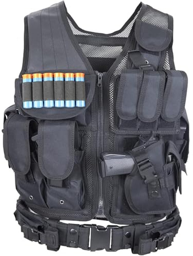 ACTJ.M Tactical Combat Vest with Holster for Men Airsoft Training Black Lightweight, Black, size adjustable