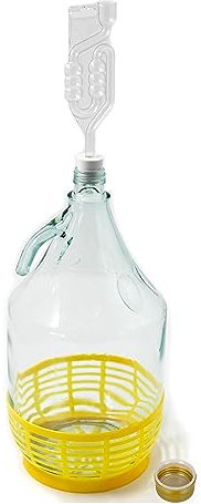 WYSKONT Bouteille bonbonne à col étroit avec bouchon à vis, panier de protection, sas et bouchon pour la fabrication du vin, la fermentation, le stockage des boissons, verre transparent, 1 x 5 L