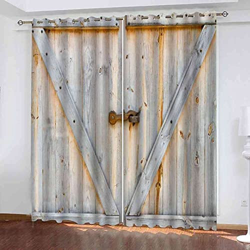 Vorhang Vintage Holztür Blickdicht Gardinen mit Ösen 3D Druck Bauernhaus Blickdichte Vorhänge Wärmeisolierend Scheune Vorhang verdunkelung Wohnzimmer Schlafzimmer 2 Stück 110x215 cm (BxH)