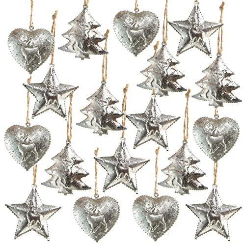 Logbuch-Verlag 18 Weihnachtsanhänger silberfarbene Metallanhänger Herz Stern Baum 5 cm Weihnachten Deko zum Aufhängen